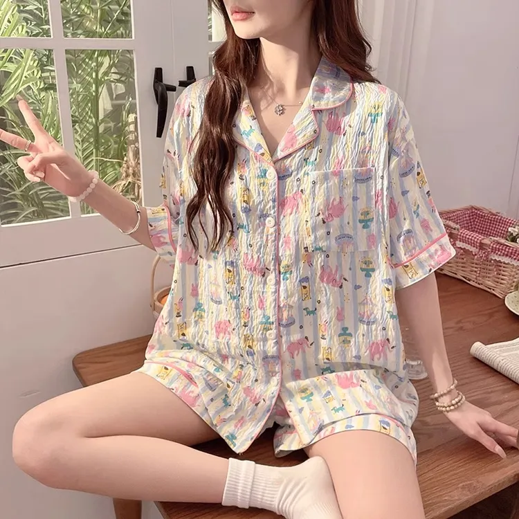 带胸垫月子服春夏薄款短袖纯棉孕妇哺乳睡衣夏季两件套怀孕期家居