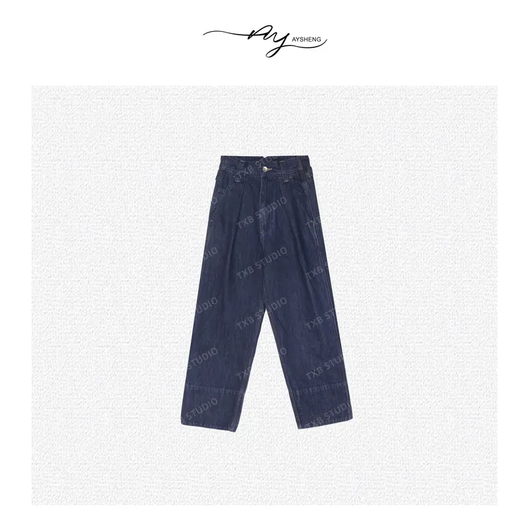 TXB 棉质双腰可调节复古水蓝色直筒牛仔裤XB-7578