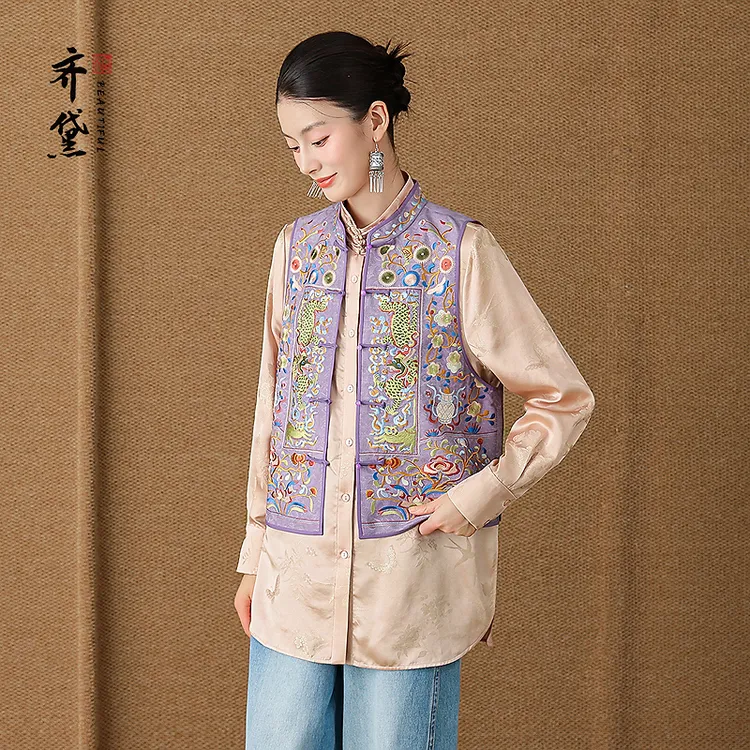 齐黛提花香云纱新中式马甲女2025新款阔太太时尚刺绣百搭上衣外套