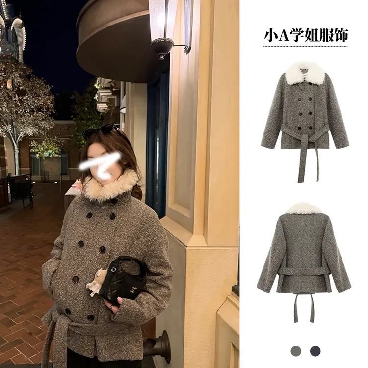 '伯克利冬日' 双排扣廓形毛领毛呢夹棉系带大衣女冬韩版宽松时尚