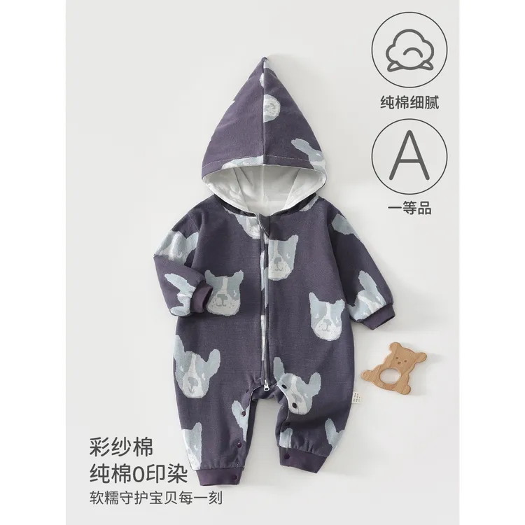 婴儿连体衣纯棉a类周岁宝宝衣服连帽拉链款外出哈衣爬服安阳童装