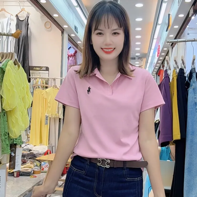 0625（美姿）新款半开领刺绣T恤短袖POLO领修身型极简风常规上衣