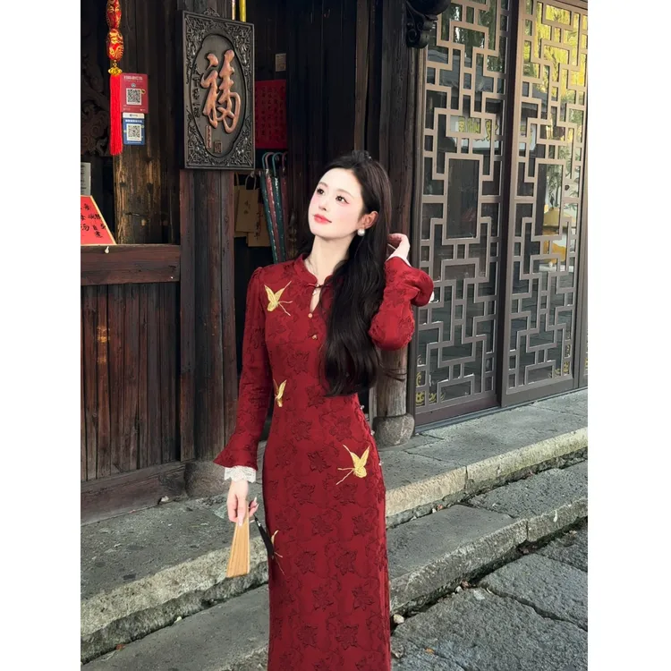 【化蝶红色】七七很芒新中式长袖拼蕾丝提花刺绣旗袍连衣裙XMZH9275