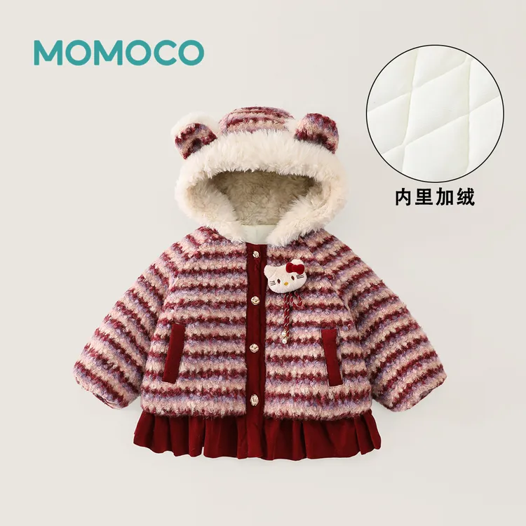 MOMOCO冬季女童条纹卡通猫咪加绒喜庆毛毛连帽外套77830123022