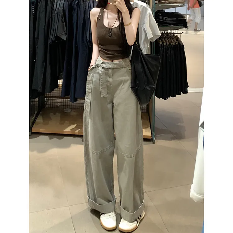 灰绿色飘带休闲阔腿牛仔裤女2025秋季新款高腰宽松显瘦垂感拖地裤
