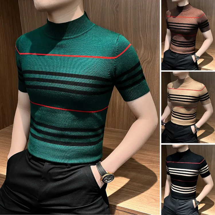 半高领短袖t恤男款爆款2025新款男装秋冬男士条纹针织毛衣打底衫