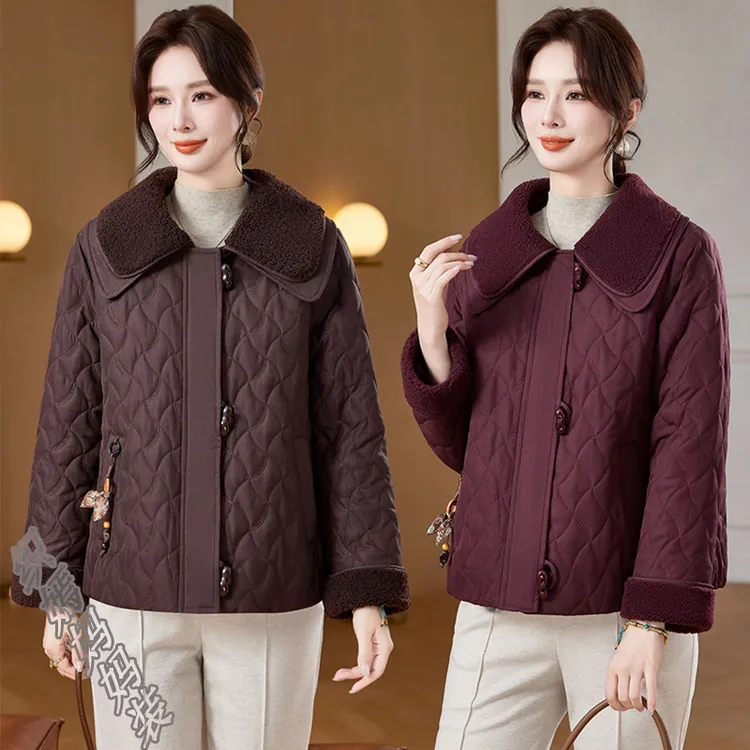妈妈秋冬装时尚翻领加棉外套2025新款中老年女装气质保暖减龄棉衣