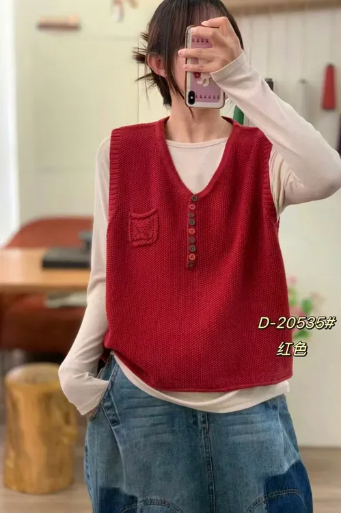 春秋季纯色棉线针织马甲套头复古百搭口袋款女