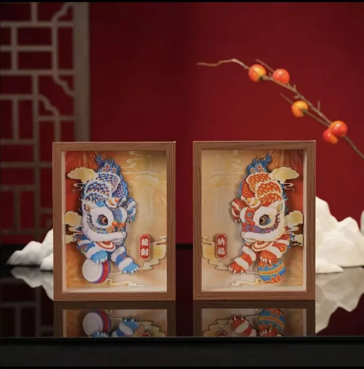 玺悦非遗国潮醒狮纳福立体剪纸装饰摆画玄关乔迁公司活动醒狮摆件