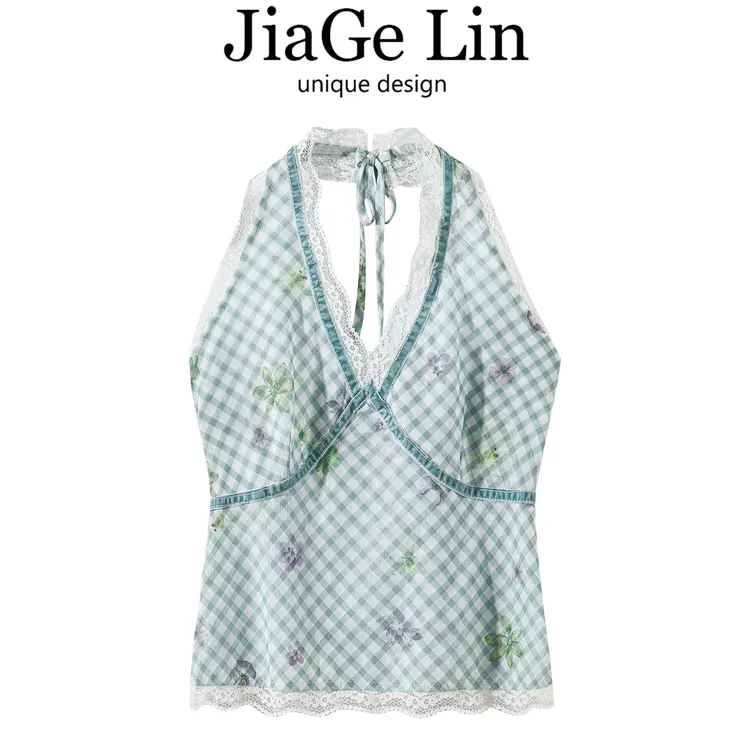 JiaGeLin韩系设计感蕾丝拼接格子挂脖背心女夏季洋气显瘦无袖上衣