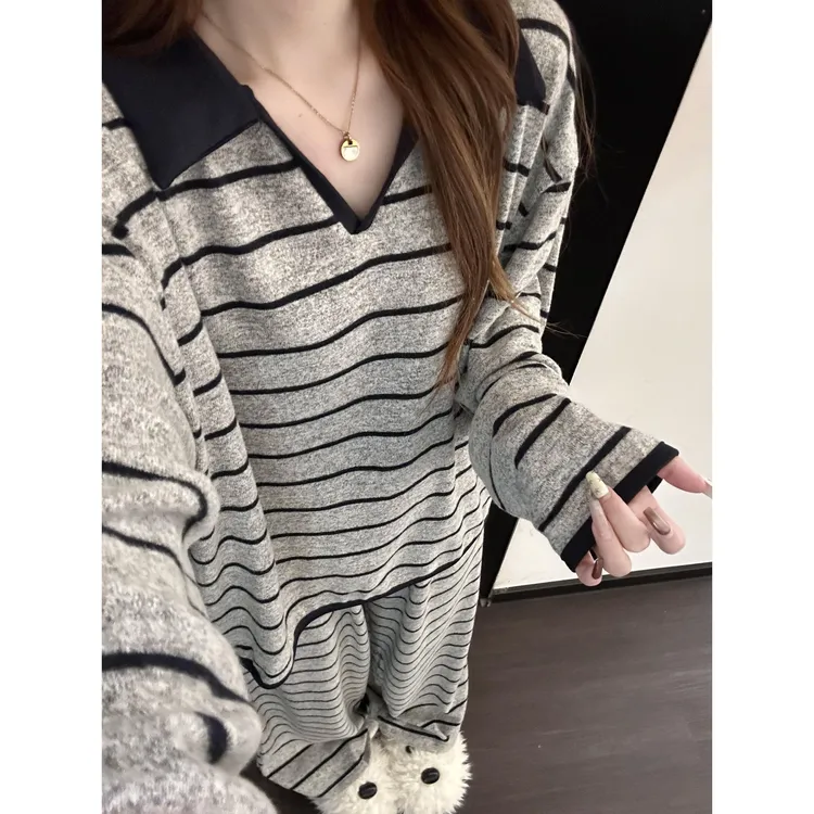 韩版宽松慵懒德绒睡衣女春秋季新款条纹长裤显瘦家居服套装可外穿
