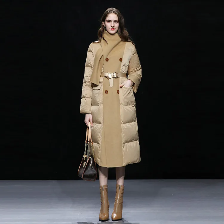 DF卡其围巾领双面呢拼接外套气质加厚中长款羽绒服外套HC32814