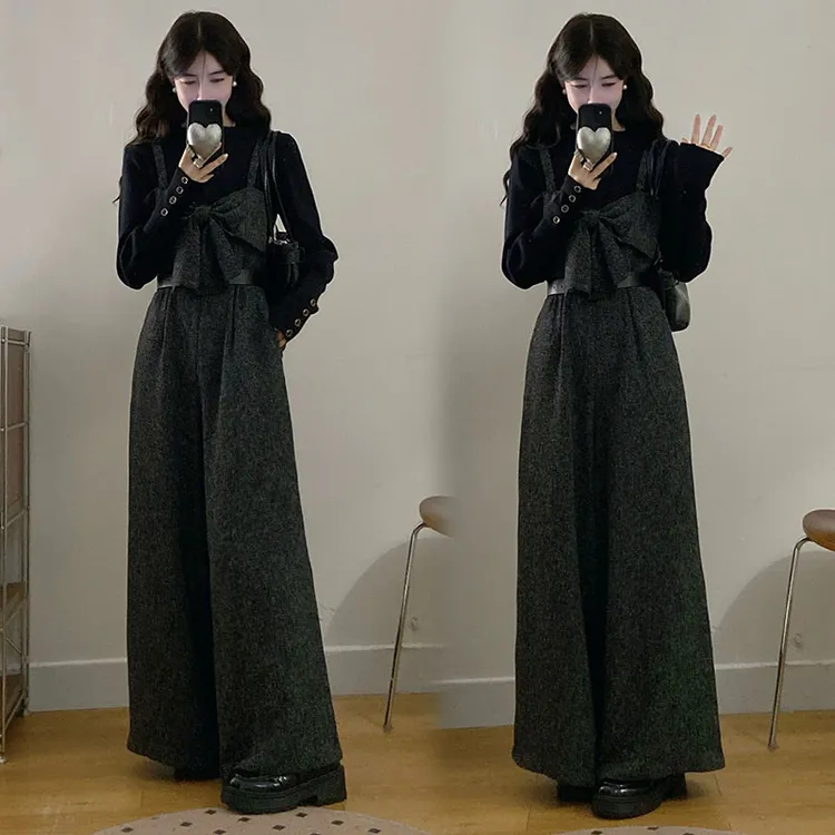 大码2025秋冬新款整套针织毛衫背带裤两件套