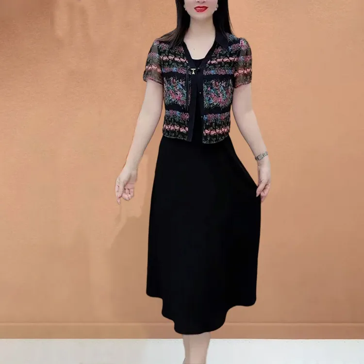 中年妈妈秋季假两件连衣裙女士收腰显瘦遮肚减龄拼接花色短袖裙子