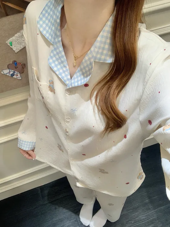 【带胸垫】韩系卡通秋季睡衣女款长袖长裤云朵棉可爱少女家居服新款