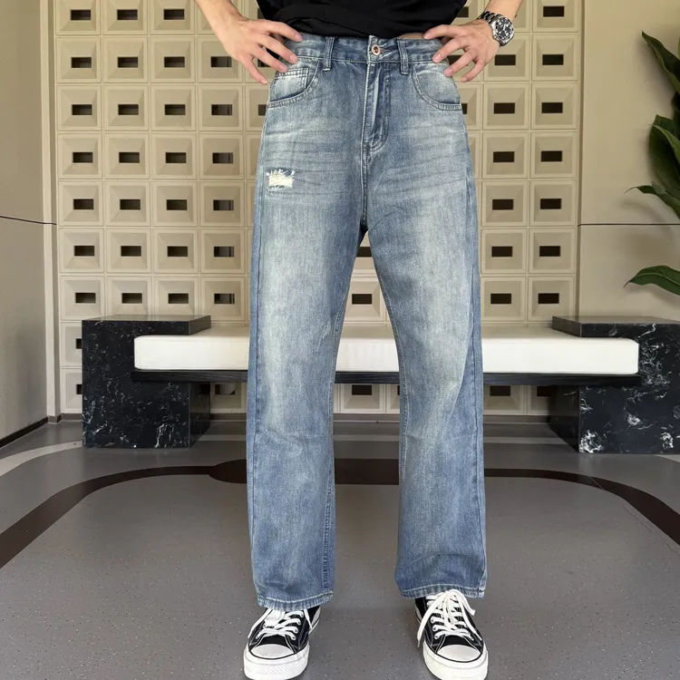 SYJ百搭高街直筒宽松无弹力破洞水洗男士抗起球牛仔裤时尚男士