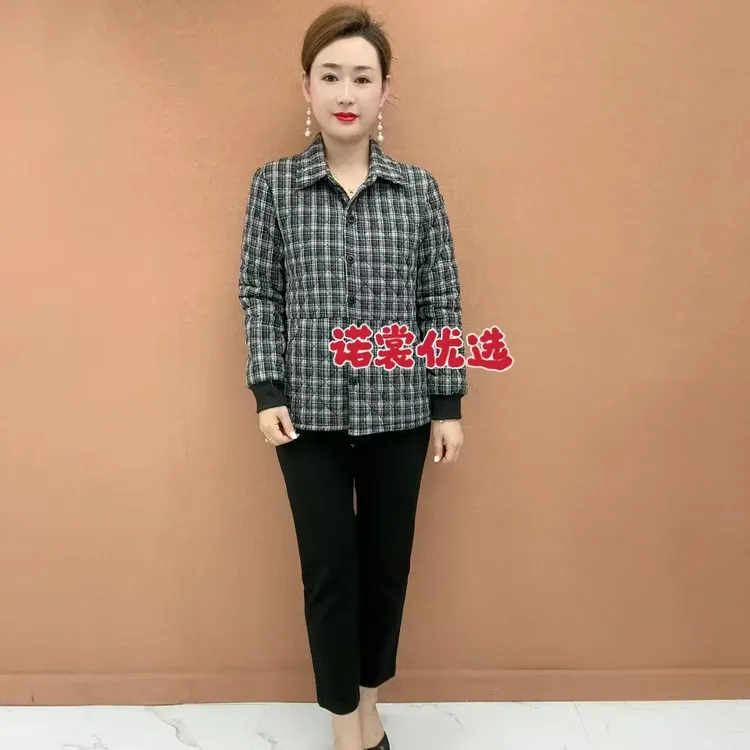 中老年新款棉衣时尚格子加绒棉袄外套女妈妈洋气秋冬保暖外套