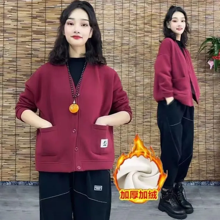 女口袋常规V领中长款休闲风卫衣韩版洋气气质显瘦加绒加厚百搭