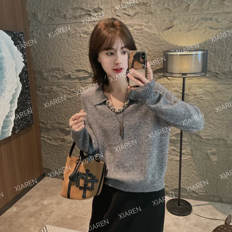 XIAREN【v领毛针织】洋气衣服女纯欲慵懒风上衣出游毛衣时尚显瘦