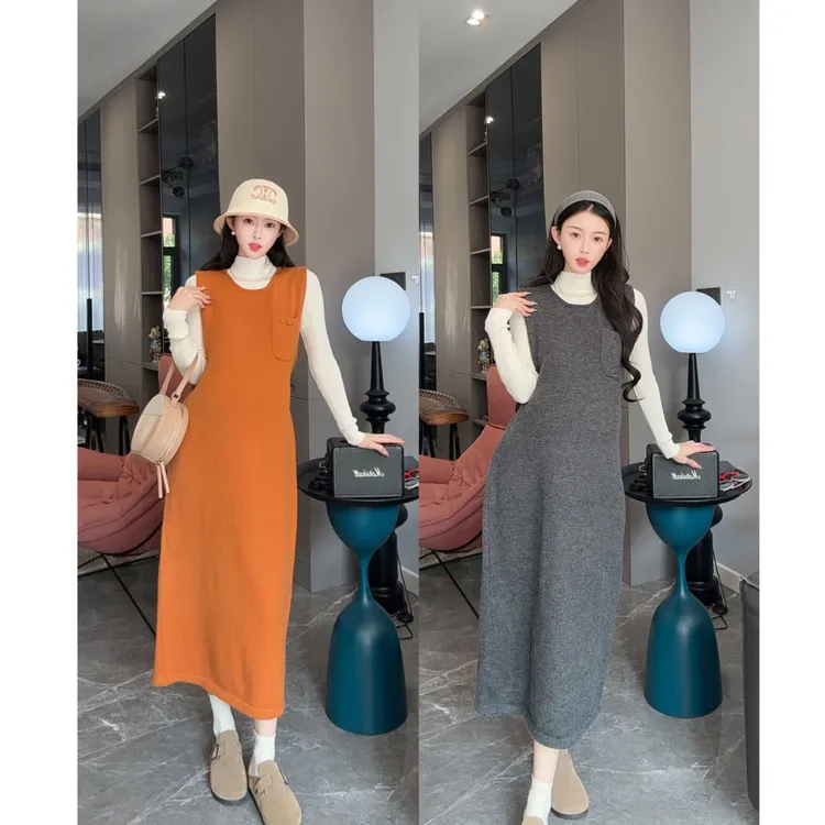 秋冬爆款叠穿长款毛衣马甲腰带背心裙杏色打底衫时尚显瘦孕妇套装