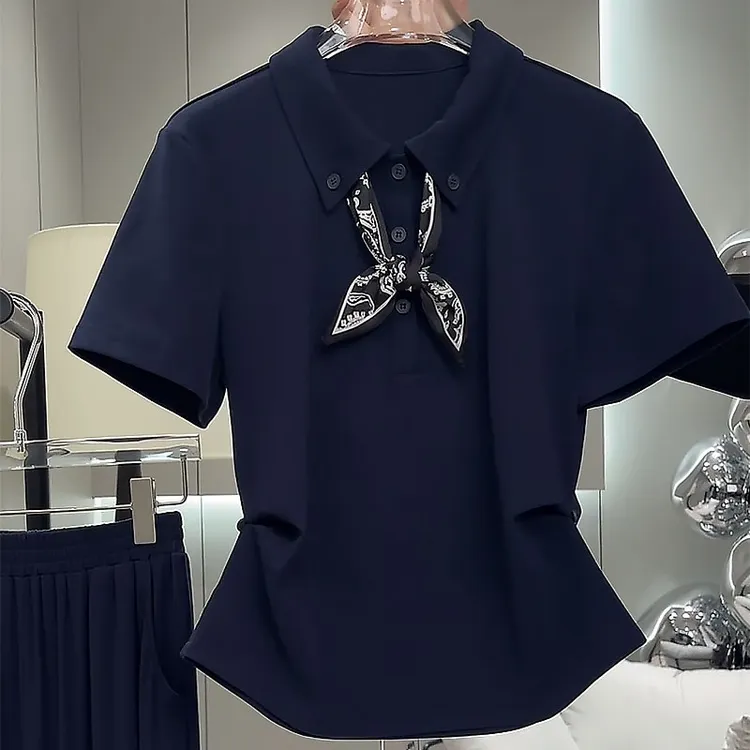 2025夏季新款Polo领丝巾短袖时尚简约出游服装女修身百搭正肩上衣