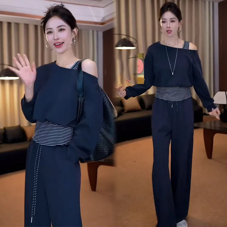 时尚休闲套装女2025秋季新款露肩条纹拼接假两件上衣阔腿裤两件套
