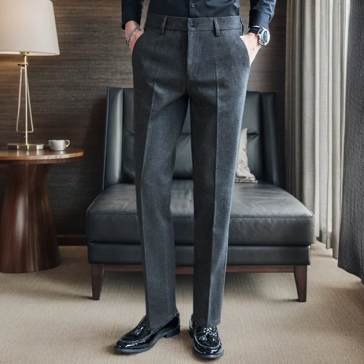 男士裤子高端加厚羊毛呢子秋冬季商务大码直筒细条纹休闲毛料西裤