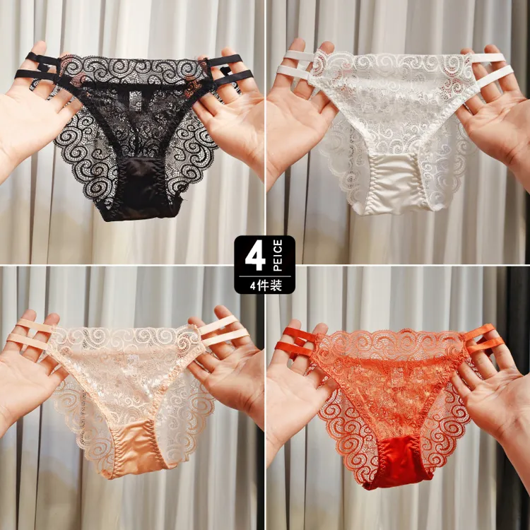 4条装蕾丝轻奢女士内裤透明镂空无痕低腰纯欲三角裤女棉质裆部