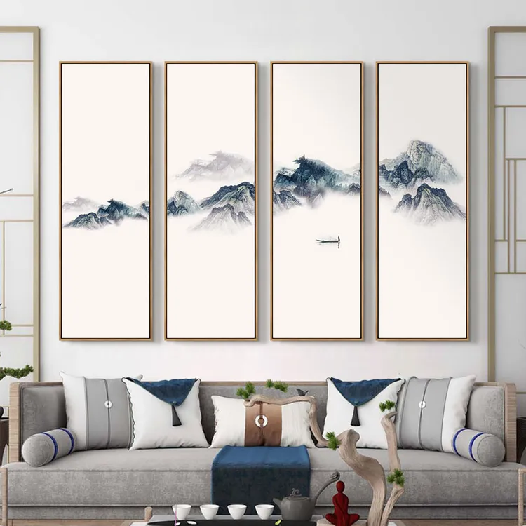 禅意水墨山水画新中式客厅装饰画茶室书房四联壁画沙发背景墙挂画
