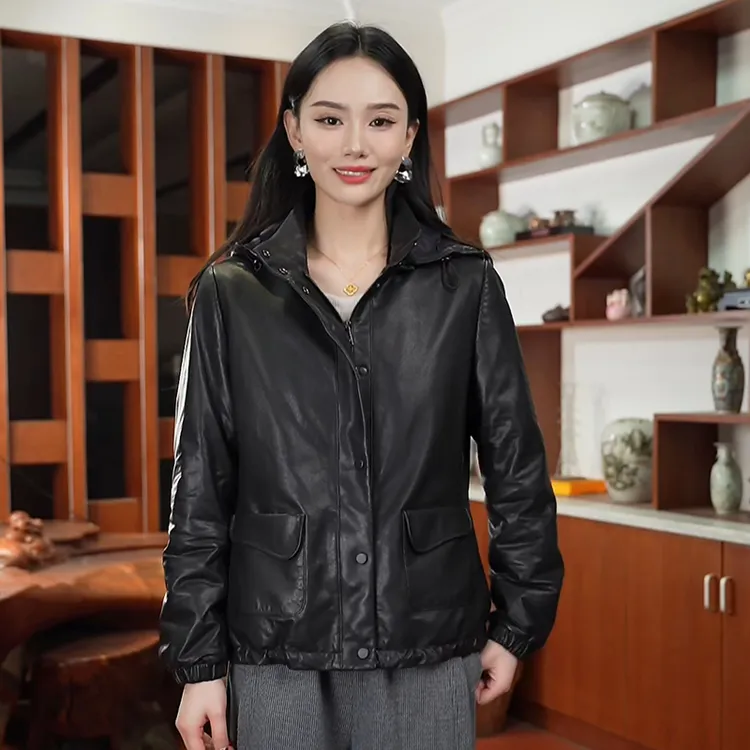 039-2【立领连帽】女士小绵羊真皮衣外套 90白鹅绒 休闲保暖冬加厚