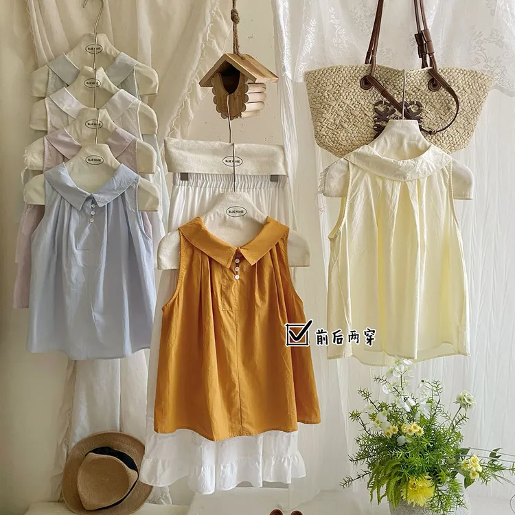 日系复古娃娃翻领两穿无袖坎肩衬衫女夏宽松遮肚清新背心娃娃小衫