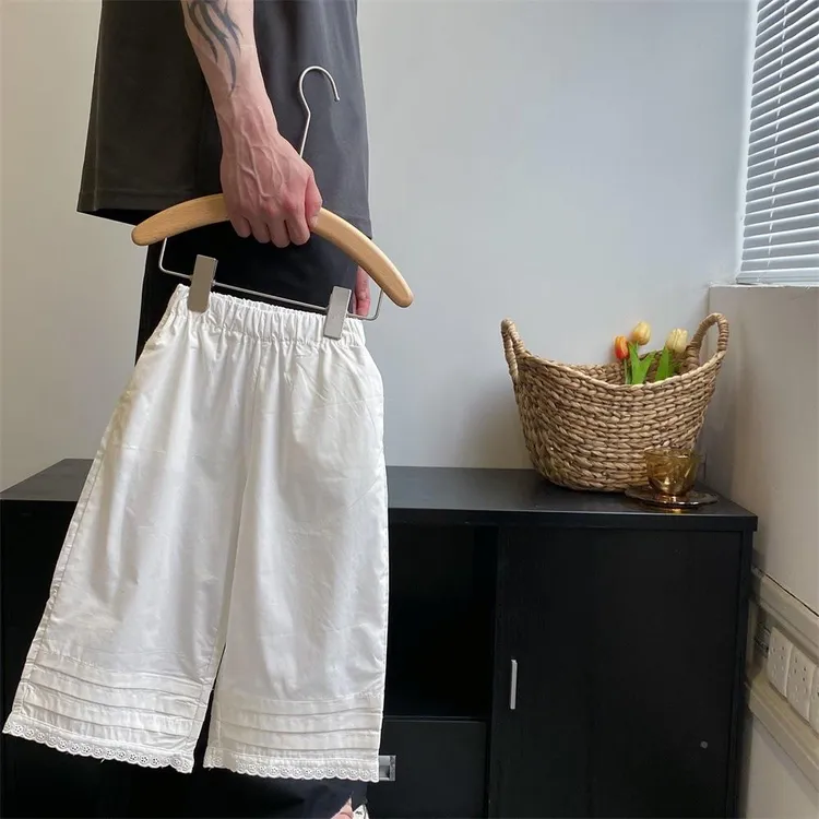 2025夏季款女童九分阔腿裤韩系童装女宝宝直筒裤子白色花边防蚊裤