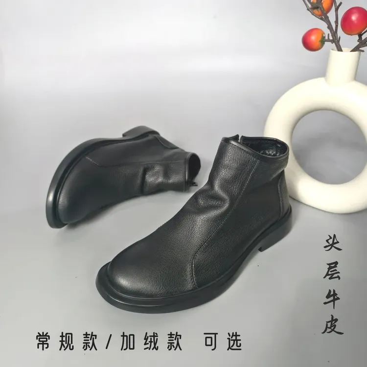 头层牛皮靴子外贸高帮侧拉链马丁靴加厚加绒切尔西靴休闲时尚皮鞋