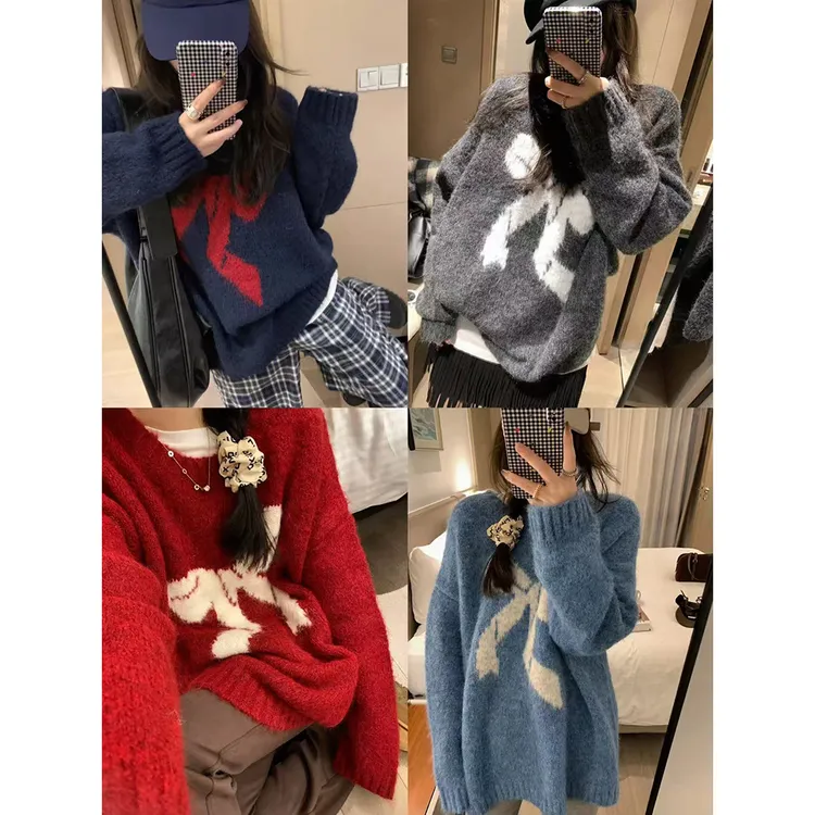 时髦减龄可爱蝴蝶结毛衣韩国风蓬松柔软宽松慵懒针织衫 61069