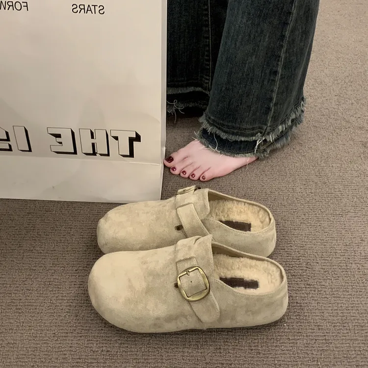 加绒包头勃肯拖鞋2025年冬季新款休闲风百搭外穿厚底博肯棉拖鞋女