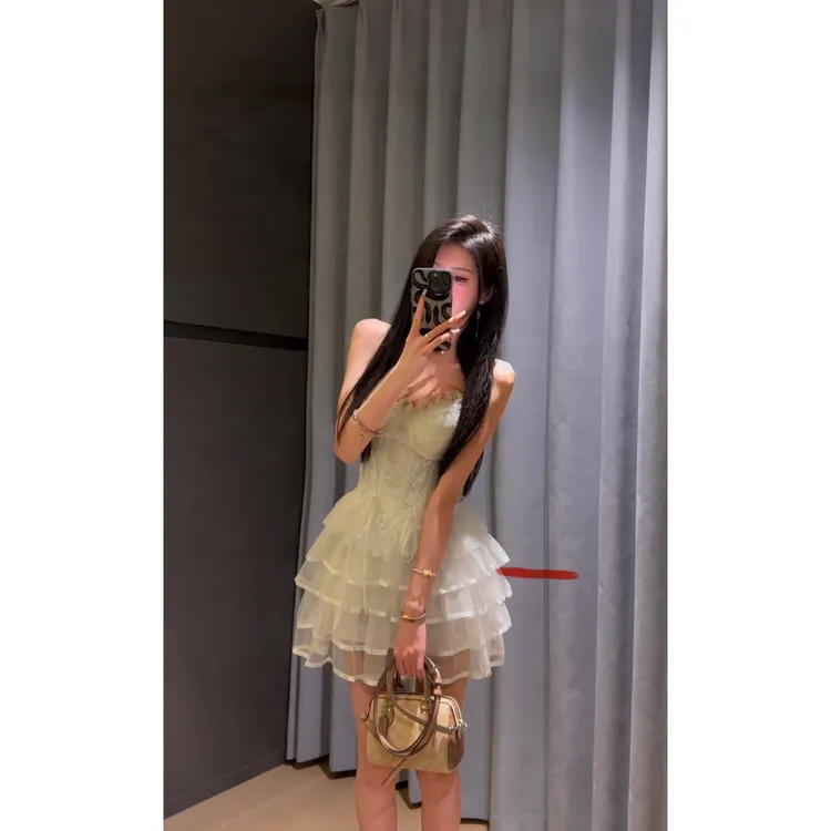 性感纯欲辣妹带胸垫蕾丝吊带芭蕾风蛋糕蓬蓬裙两件套生日聚会短裙