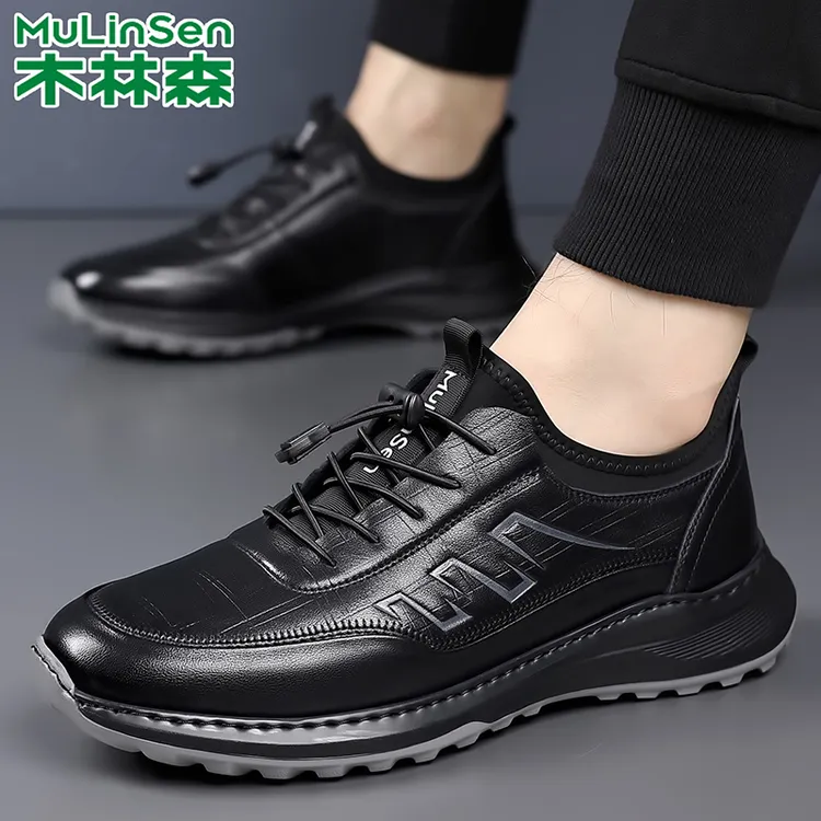 木林森男鞋黑色工作头层牛皮上班套脚男士休闲皮鞋新款2025