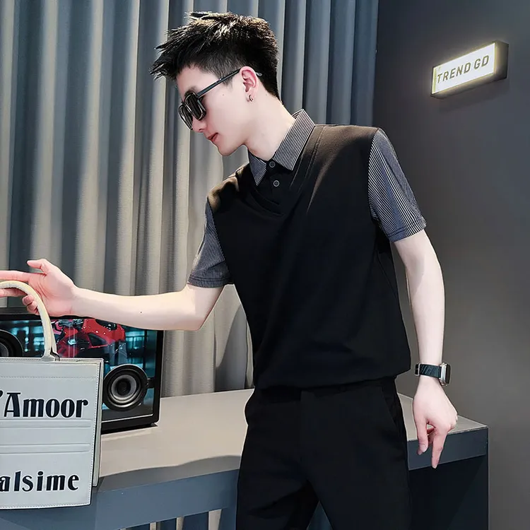 条纹拼接假两件短袖Polo衫男士夏季2025新款半袖t恤男款翻领上衣