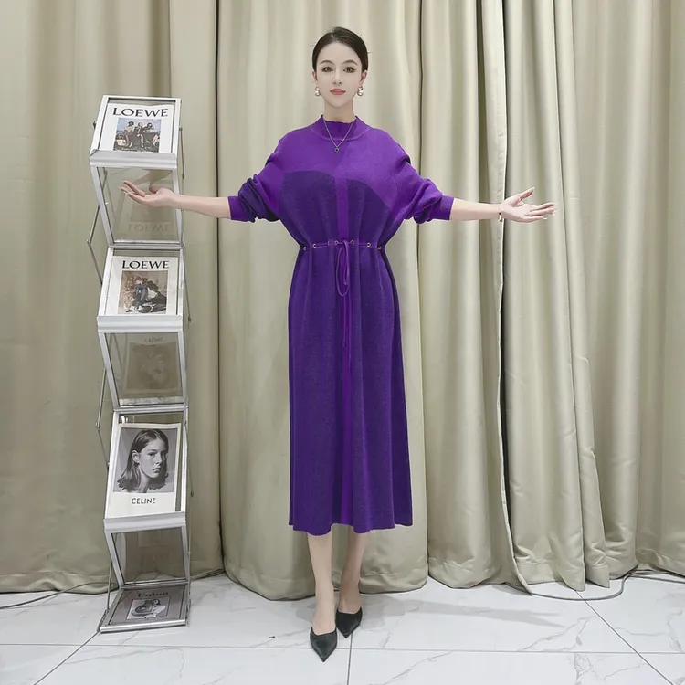 5936紫色拼接气质设计师秋冬长款提花轻奢针织连衣裙
