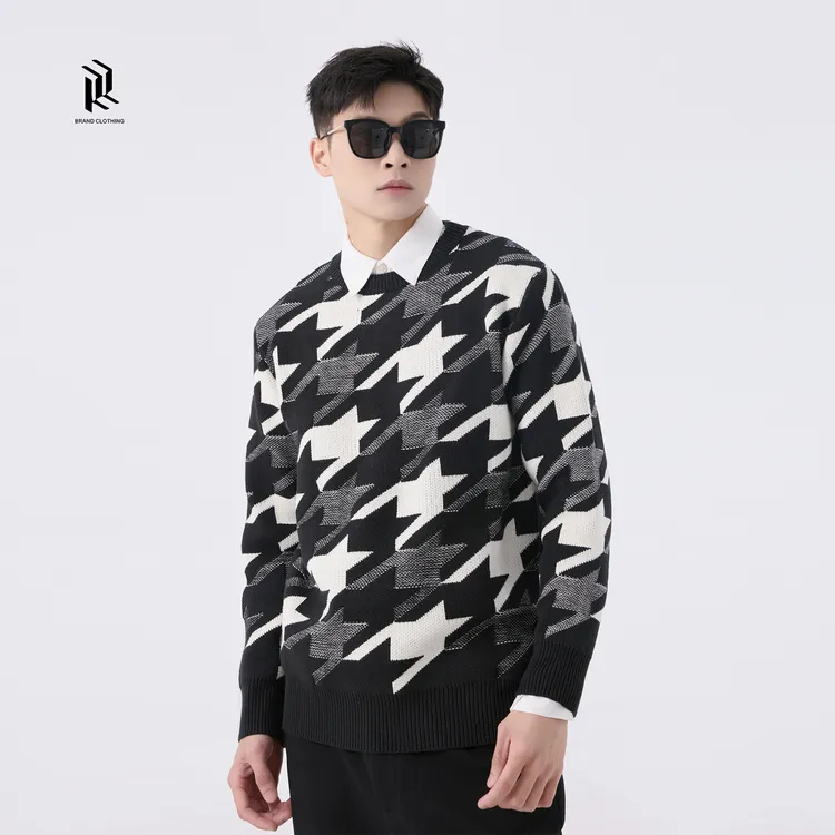 【RHETT KELLEY】冬季新款休闲提花撞色圆领长袖毛衣针织衫