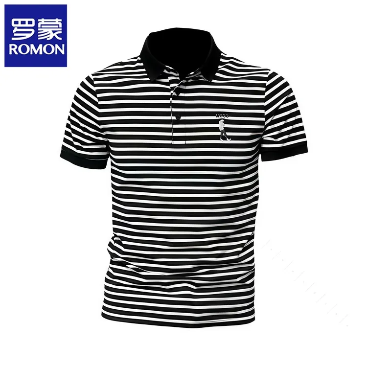罗蒙夏季新款刺绣条纹男士网红POLO衫休闲商务短袖T恤半袖翻领潮t