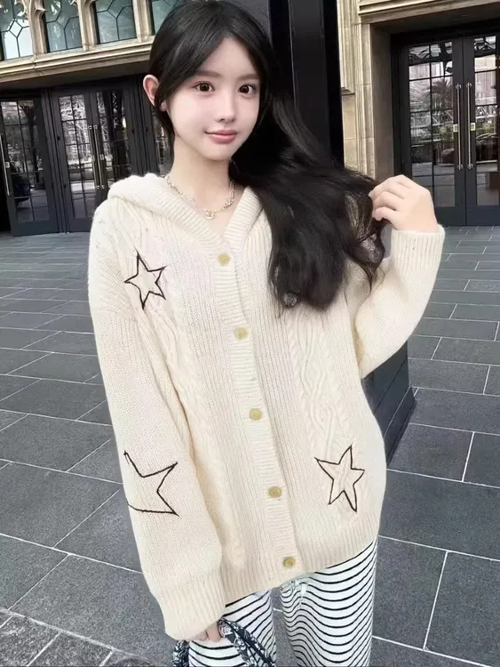 韩系慵懒风星星刺绣连帽开衫毛衣女秋冬季高级感宽松百搭针织外套