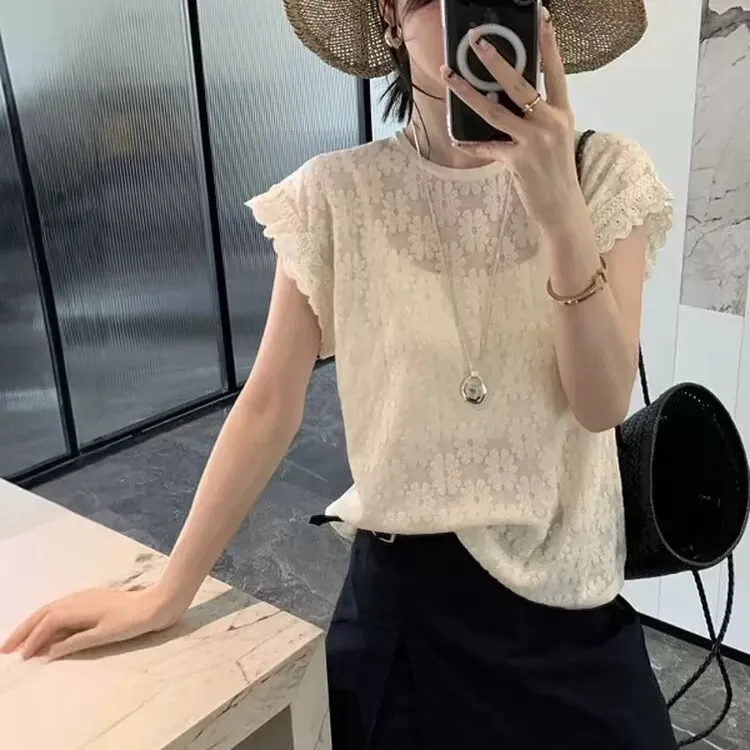 米蓝家名殿！巨好看～夏季温柔花朵欧根纱花朵飞袖衫5520