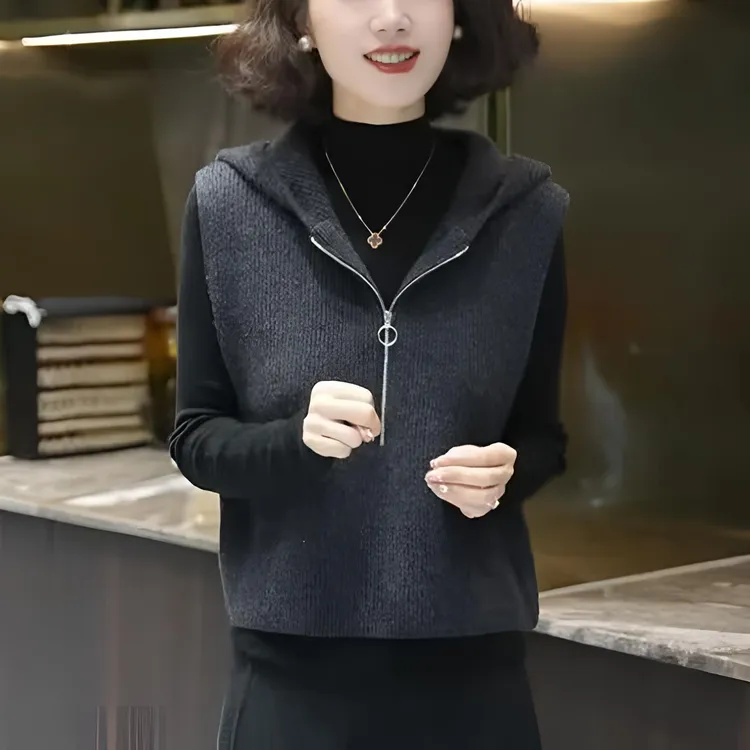 洋气减龄连帽拉链针织马甲女无袖背心气质显瘦秋冬季休闲短款上衣