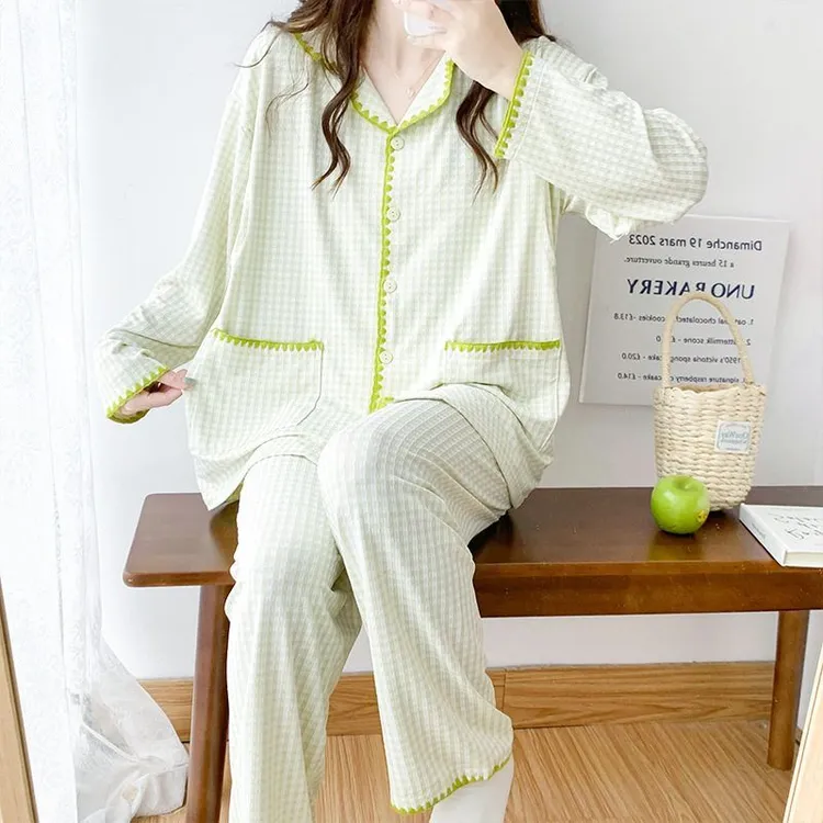 色织格莫代尔孕妇睡衣女月子服夏季薄款产后孕期哺乳家翻领居服