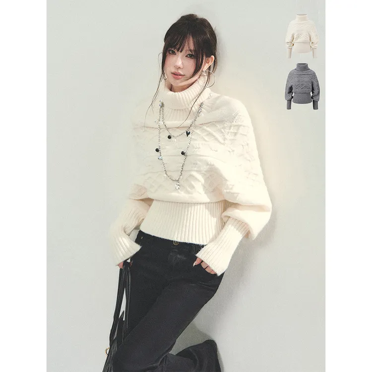 绞花蝙蝠袖套头毛衣女高领收腰上衣慵懒显瘦气质针织衫23053#