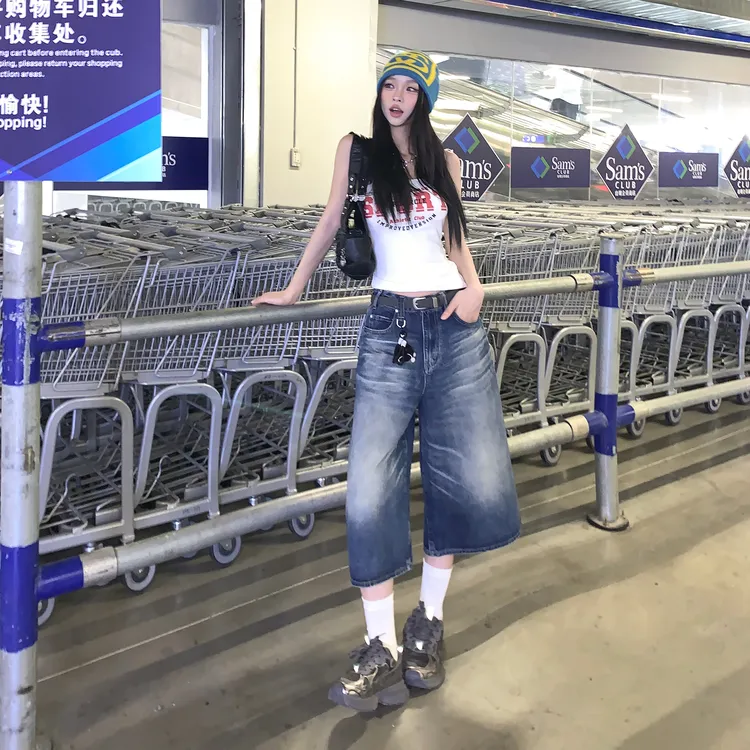 2025新款牛仔裤复古休闲松弛感宽松阔腿中裤百搭垂感慵懒七分裤女