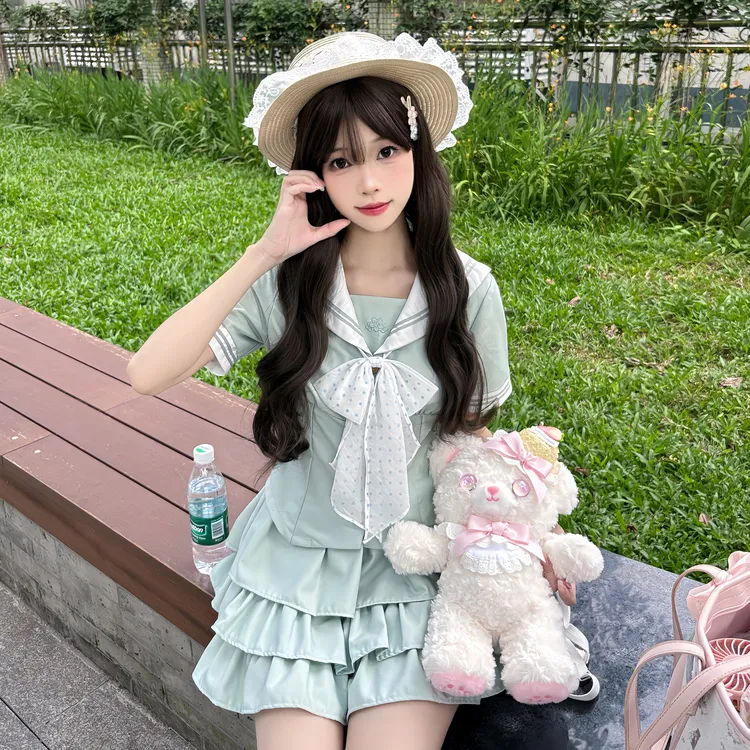 【岚羽川】神月社jk制服学院短袖衬衫套装绿色水手服日系收腰短款