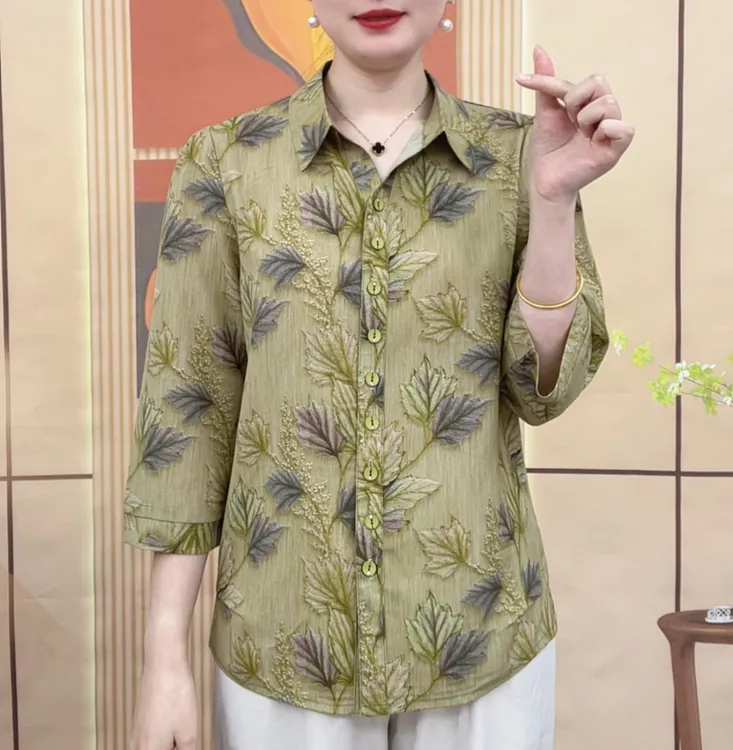 夏季新款中年妈妈印花七分袖衬衫女气质百搭宽松遮肚百搭上衣