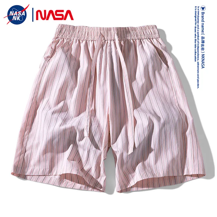 NASA联名粉色条纹速干短裤男士夏季2025新款宽松休闲沙滩五分裤子